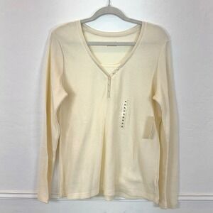 St Johns Bay Womens Ivory Long Sleeve Waffle Knit Henley Shirt Top XL